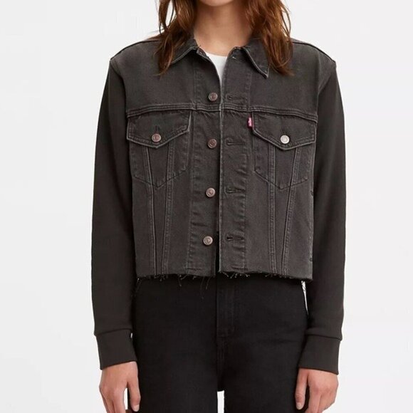 NWT Levi's Ex Boyfriend Hybrid Black Cropped Trucker Jacket Size Medium Large - Picture 1 of 5